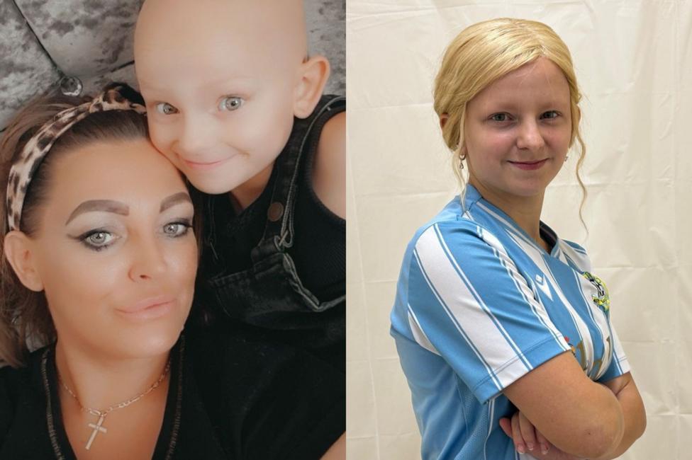 A composite image, on the left, Kizzi-Rae poses next to her mum smiling at the camera, she has no visible hair on her scalp. She is wearing a black top and dungarees. Her mum smiles at the camera with her brown hair tied back. On the right, Kizzi-Rae is in a blue and white football strip with a blonde wig, smiling at the camera.