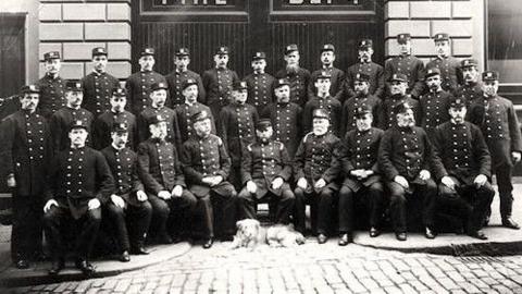 A group photo of firemen in the 1890s. There are three rows of them, all sitting down, and Wallace the fire dog is sitting curled up at the front of them.