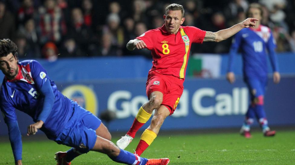 Craig Bellamy in a red Wales kit with a yellow stripe scoring against Croatia, with a blue shirted defender trying to block the shot