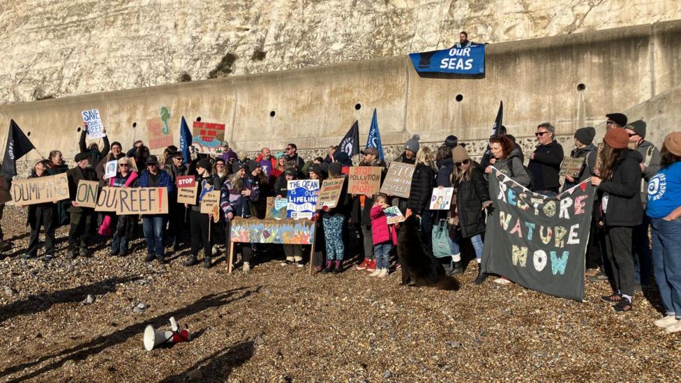 A large group of people stands on a pebble beach beneath chalk cliffs holding banners, placards and flags. Signs include messages opposing dredge disposal and calling for protection of reefs and marine habitats. A blue "Our Seas" banner hangs from a sea wall in the background. A megaphone lies on the beach in the foreground.