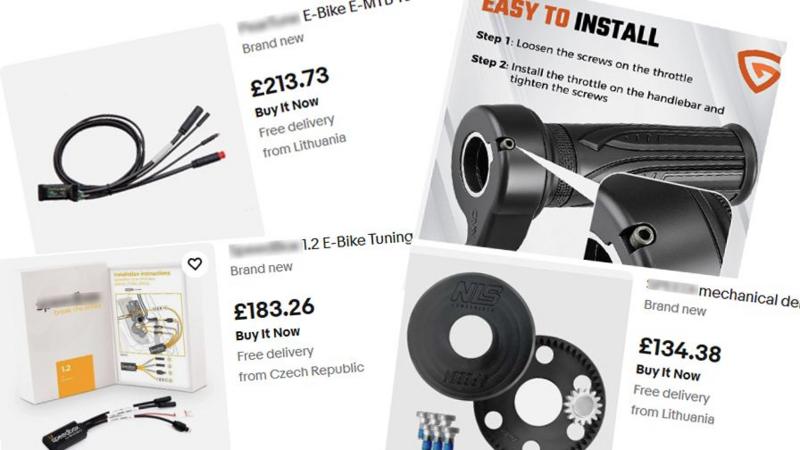 A montage of adverts from an online marketplace offering modification equipment for e-bikes