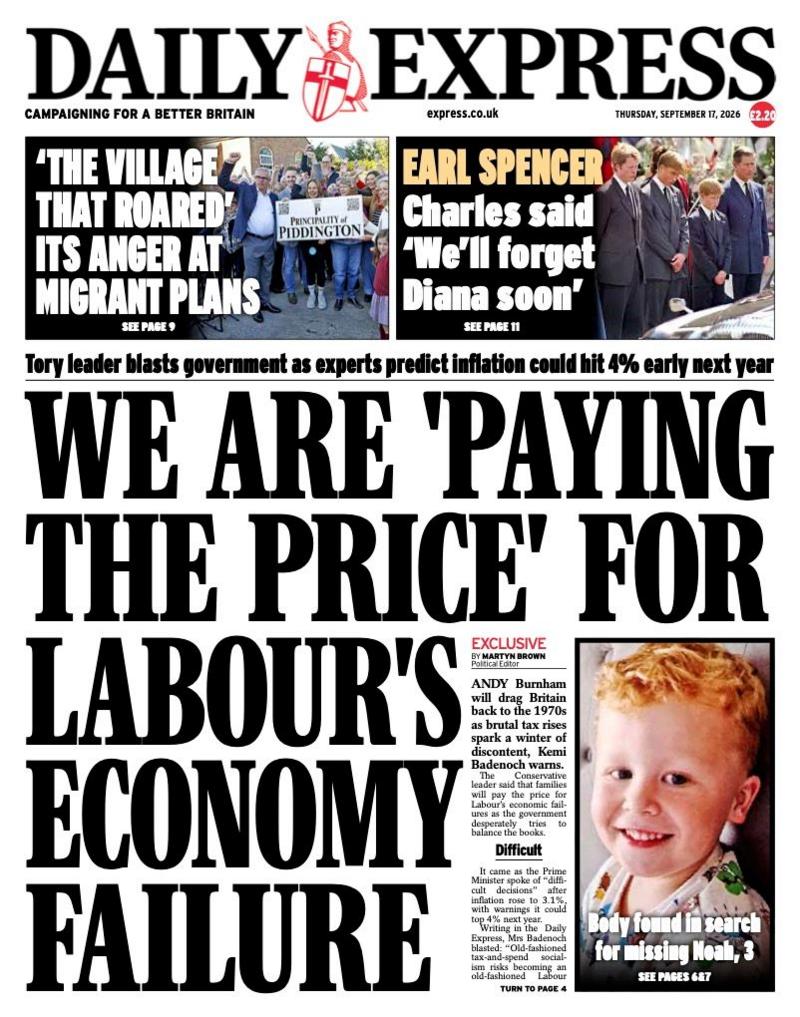 The headline on the front page of the Daily Express reads: 'We are "paying the price" for Labour's economy failure.'