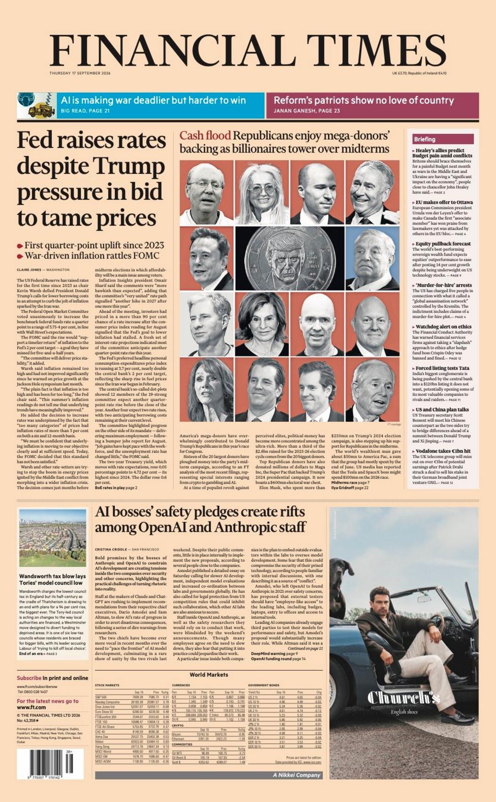 The headline on the front page of the Financial Times reads: 'Fed raises rates despite Trump pressure in bid to tame prices.'