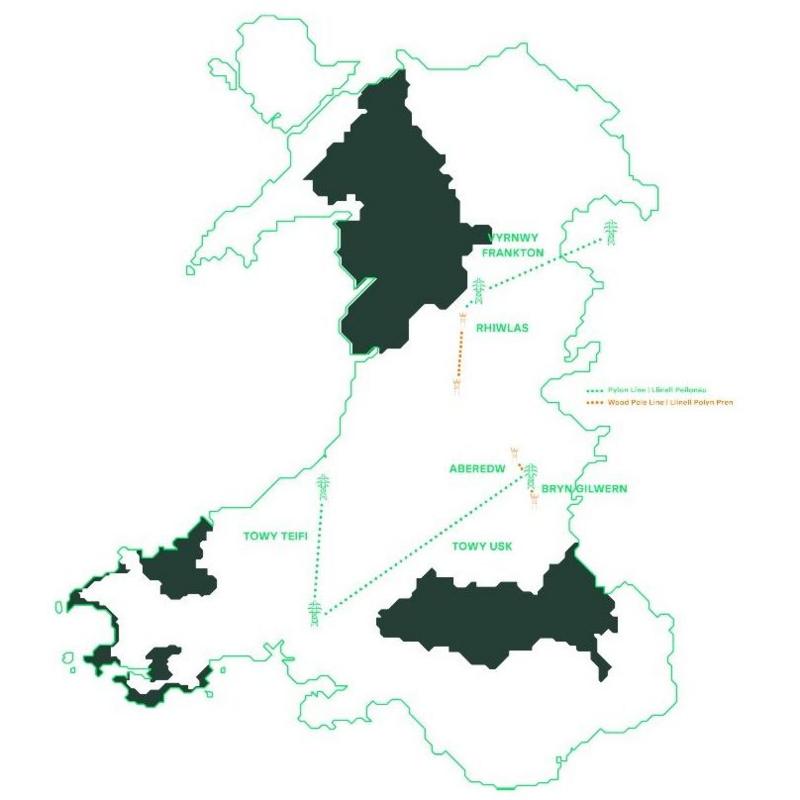 A Green GEN Cymru graphic map of Wales showing their proposed pylon routes. One stretches diagonally from mid Wales across the border to Shropshire. One goes from south west wales up in a straight line to Ceredigion, and one stretches from the same point to Powys, near the border with England. 