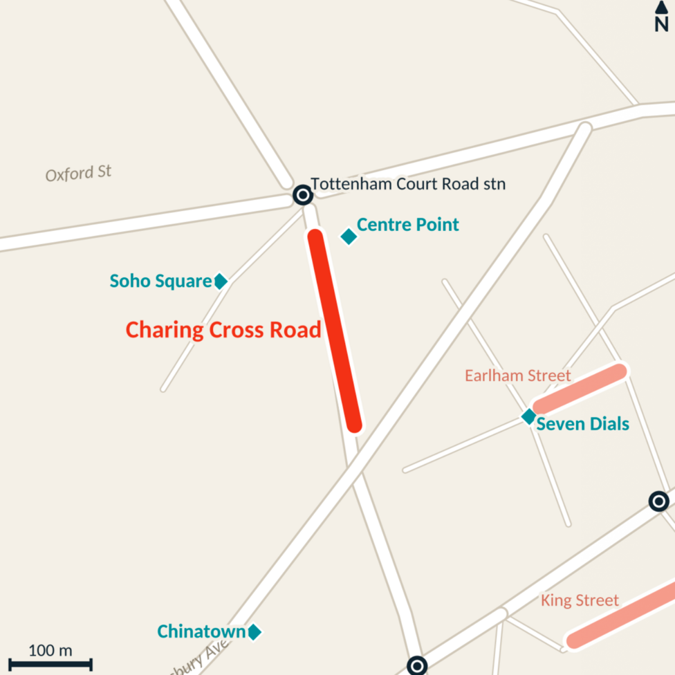 Google maps view of Charing Cross Road, Earlham Street and King Street highlighted in red.