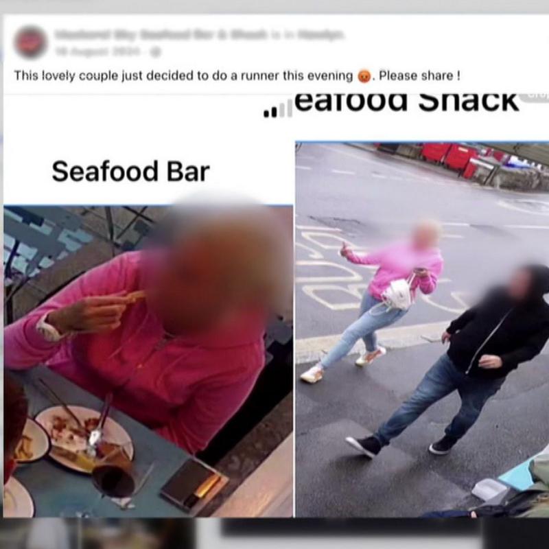 CCTV images of a man dressed in a black jacket and a woman dressed in a pink jacket. In the left image she is eating at a table. In the right image they are walking along a street.
