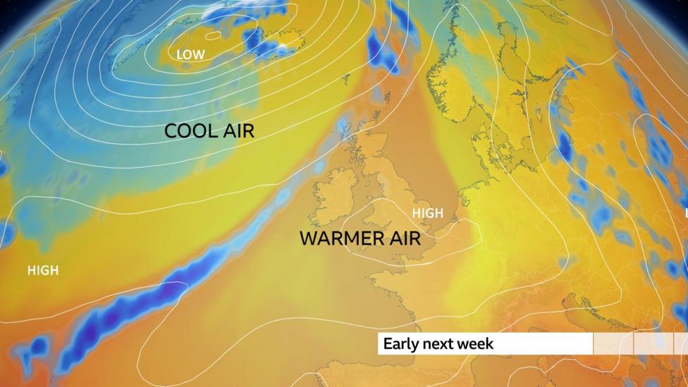 UK and Atlantic pressure chart showing high pressure and warmer air over the UK with a band of rain in the north-west
