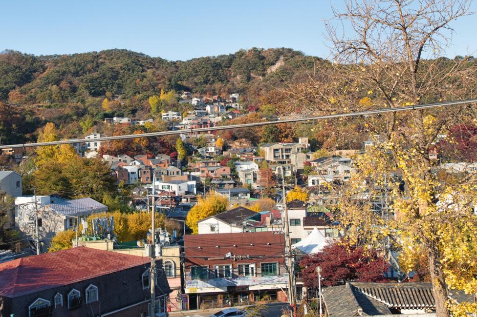 Panoramic view of a hillside neighbourhood in autumn, with clusters of houses and low-rise buildings nestled among colourful trees in shades of yellow, orange, red, and green. Forested mountains rise in the background under a clear blue sky, while a road and metal fence run across the foreground.
