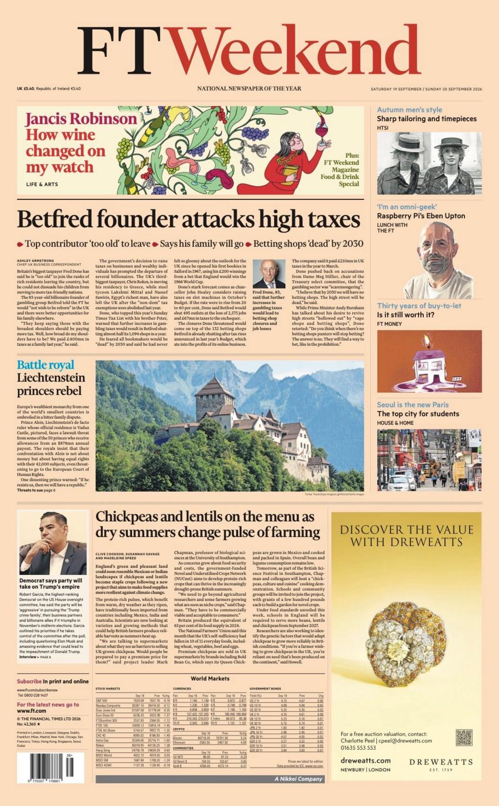 "Betfred founder attacks high taxes" reads the headline on the front page of the Financial Times.
