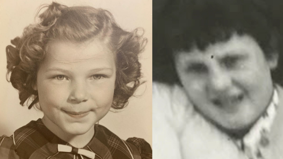 Shirley and Kathleen as young children. Shirley has short, curly hair and is wearing a tartan dress with a small bow at the front. The photo is sepia-coloured. In the black and white blurred photo of Kathleen, she has short, dark hair and is wearing a white top or dress.