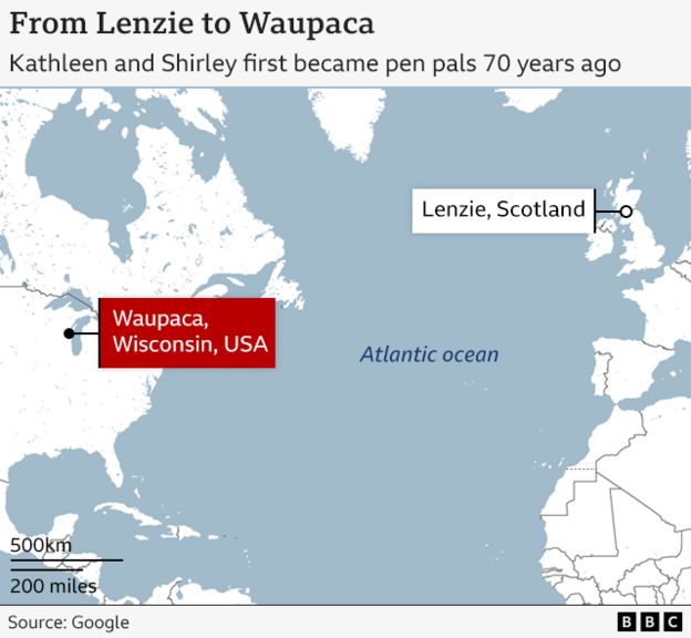 Map showing the locations of Waupaca and Lenzie