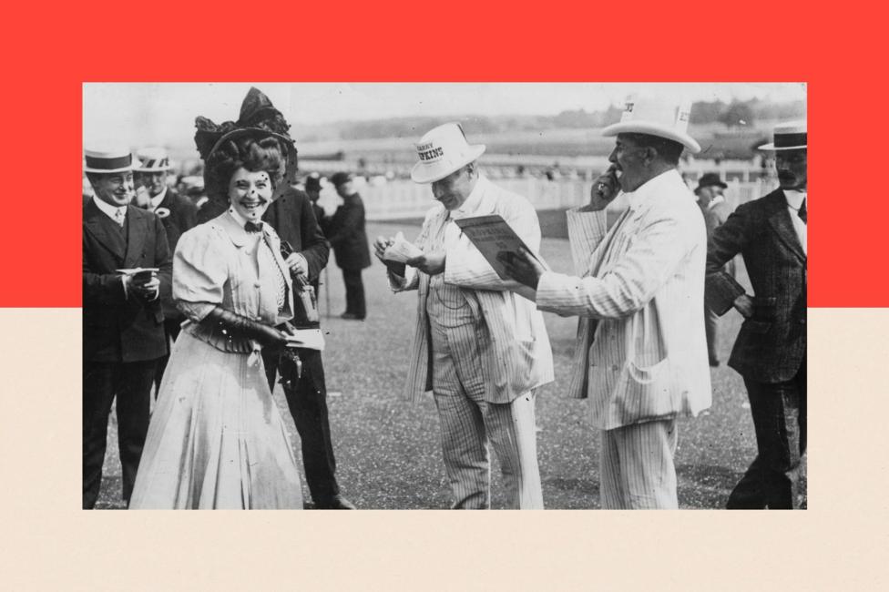 June 1913: A woman placing a bet on Derby Day