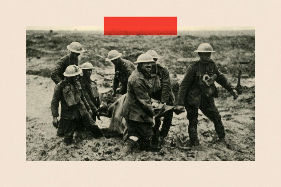 'R.A.M.C. stretcher-bearers bringing in wounded in World War 1