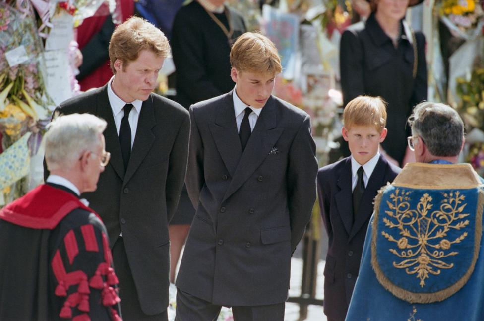 Charles Spencer, 9th Earl Spencer, brother of Diana, Princess of Wales (1961-1997), and her sons, Prince William and Prince Harry, attending the Princess's funeral service at Westminster Abbey, London, England, 6th September 1997. 