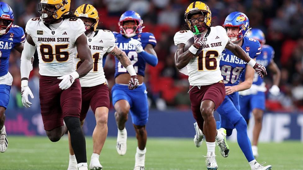 Jaren Hamilton scores a touchdown for the Arizona State Sun Devils against the Kansas Jayhawks at Wembley