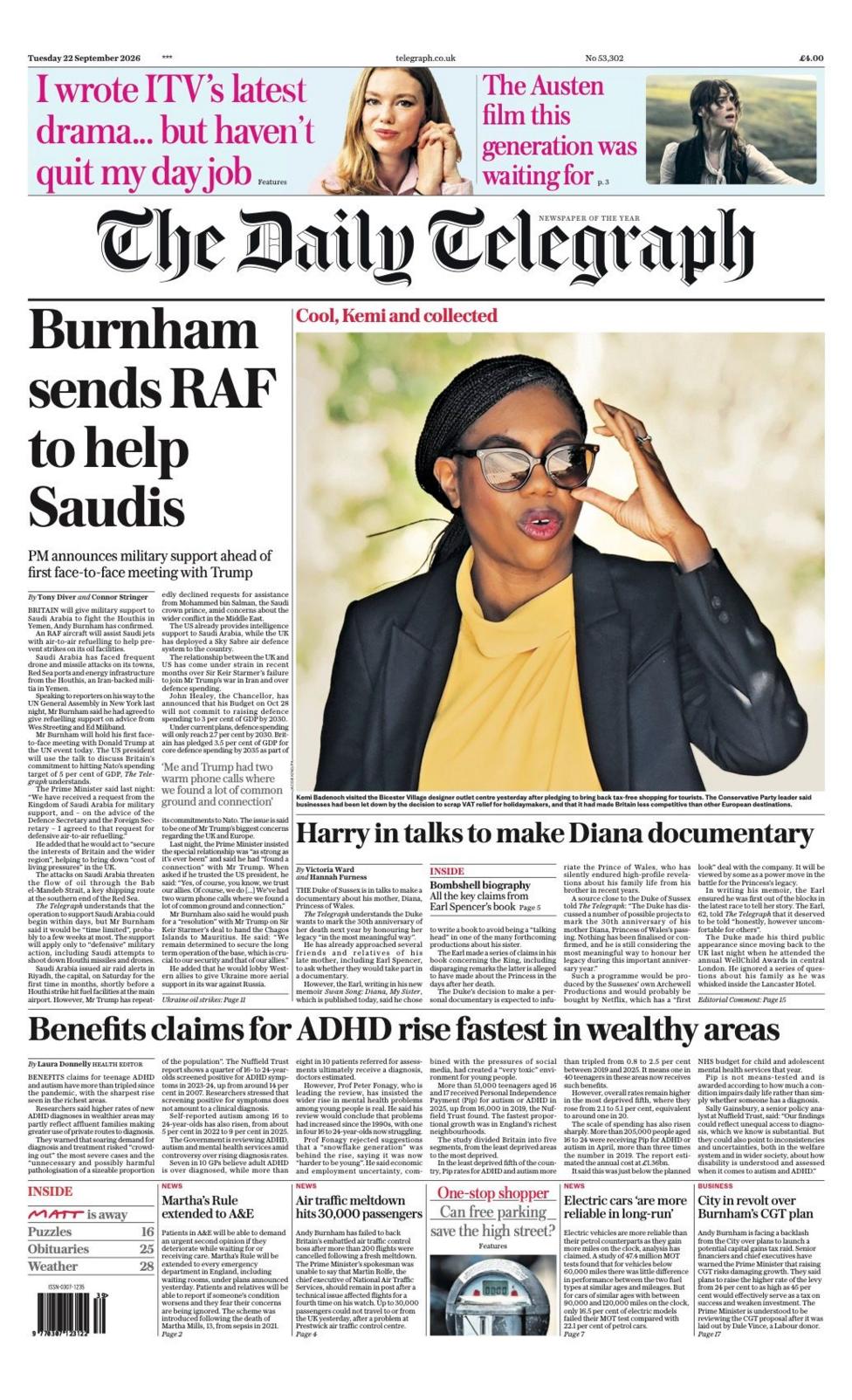 "Burnham sends RAF to help Saudis" reads the headline on the front page of the Daily Telegraph.