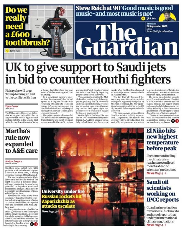 "UK to give support to Saudi jets in bid to counter Houthi fighters" reads the headline on the front page of .