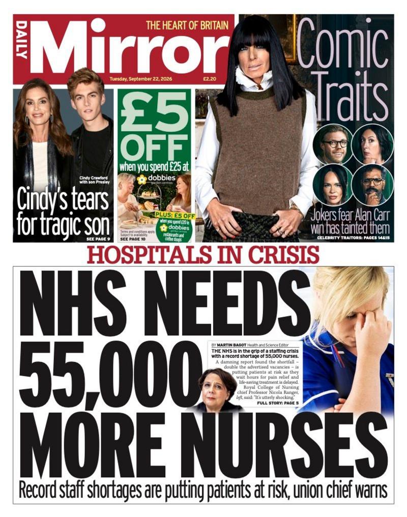 "NHS needs 55,000 more nurses" reads the headline on the front page of the Daily Mirror.