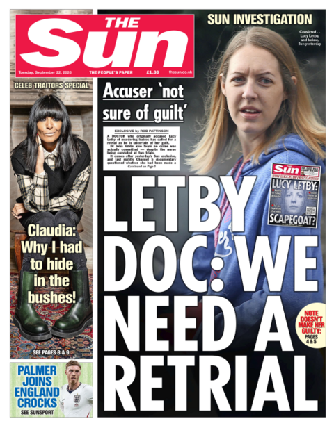 "Letby doc: We need a retrial" reads the headline on the front page of the Sun.