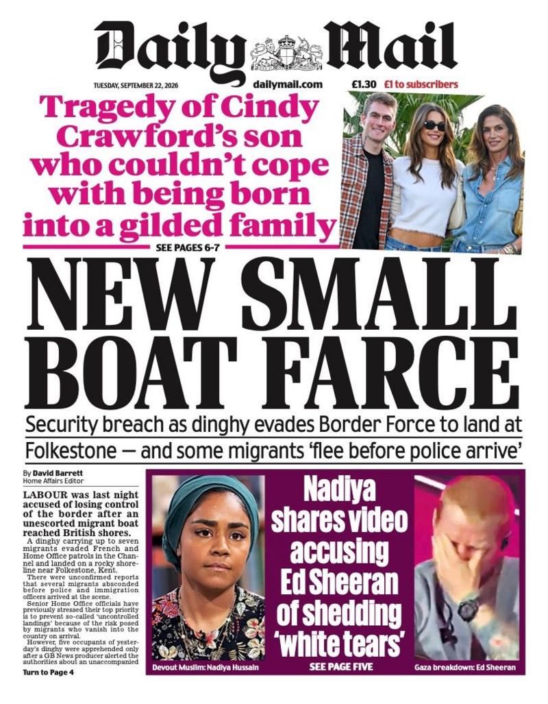 "New small boat farce" reads the headline on the front page of Daily Mail.