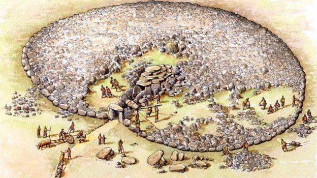 A Neolithic Passage Tomb under construction, they are named for the passage that is created using large stones. This passage leads to a central chamber where the deceased are laid. A cain of stone is laid over the entire structure.