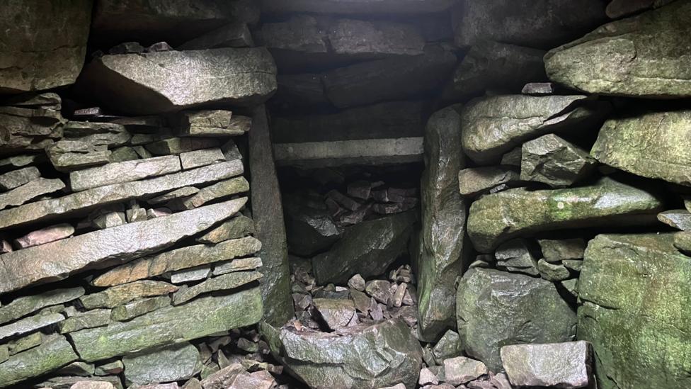 A neolithic tomb. stones are tightly packed horizontally. with a passage visible.