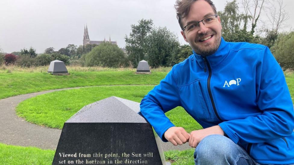 Dr Rok Nežič at Armagh Observatory's stone calendar