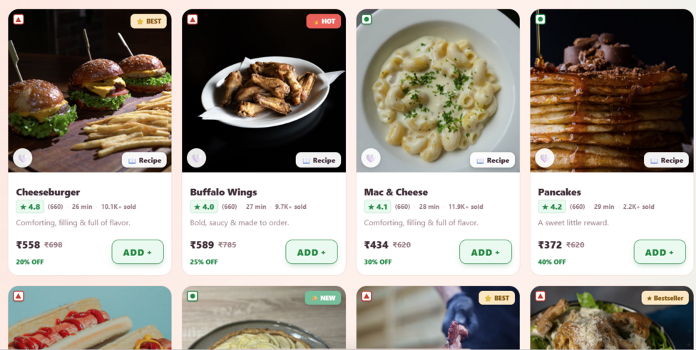 A screenshot that shows a list of options on the FoodNeverComes website. 