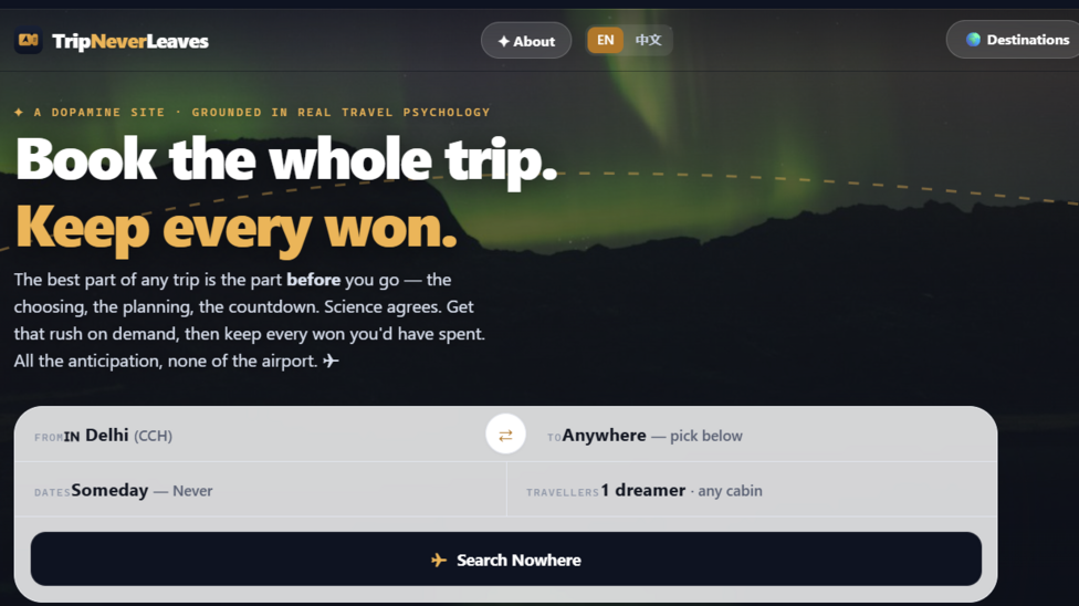 A page from TripNeverLeaves's main website giving users an option to book a trip 