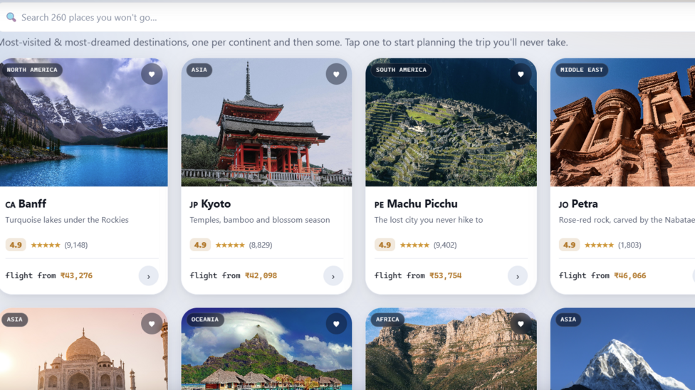 A page from the website of TripNeverLeaves showing a list of popular travel destinations for users to choose from 