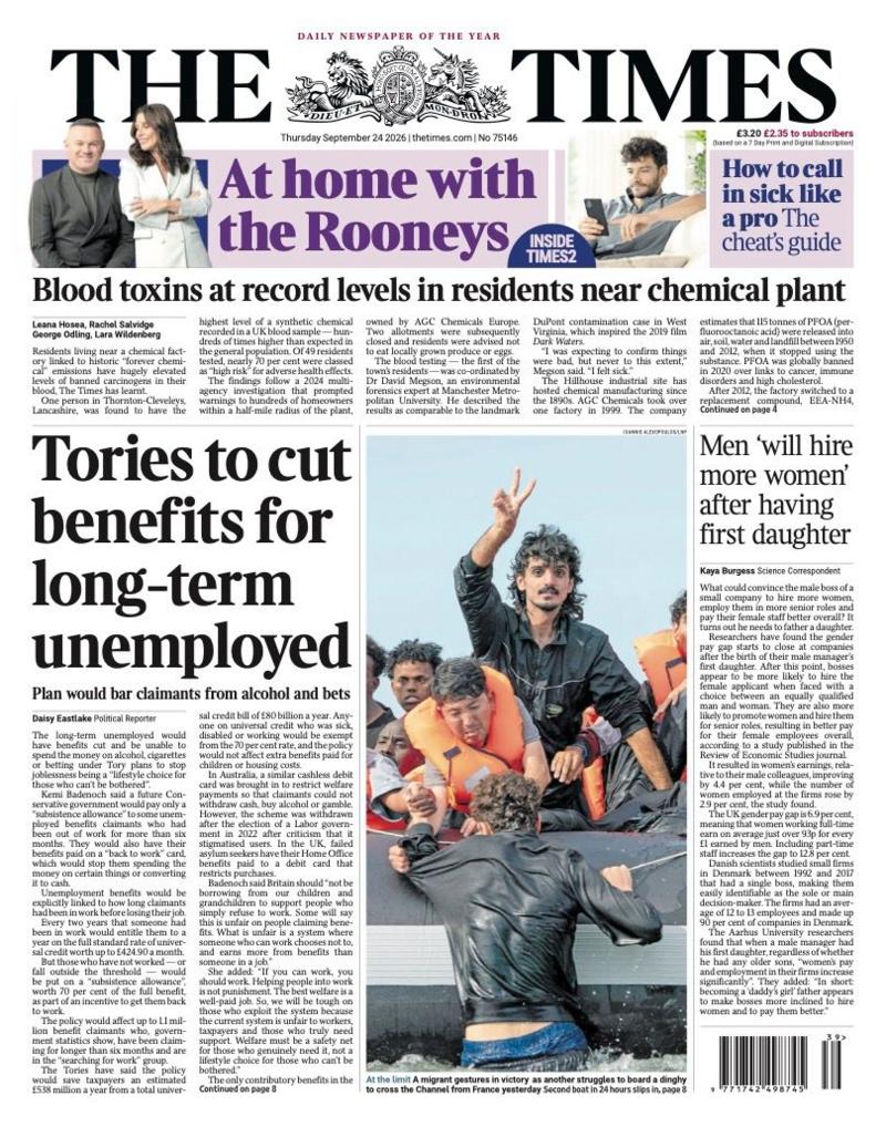The headline on the front page of the Times reads: “Tories to cut benefits for long-term unemployed”.