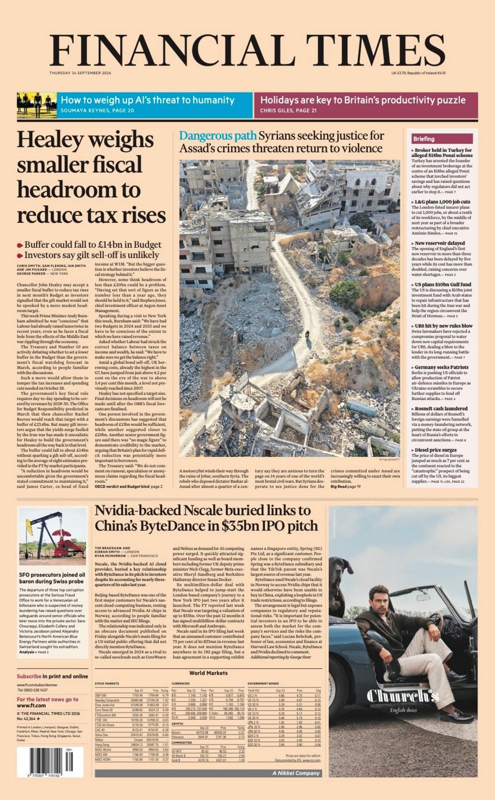 The headline on the front page of the Financial Times reads: “Healey weighs smaller fiscal headroom to reduce tax rises”.