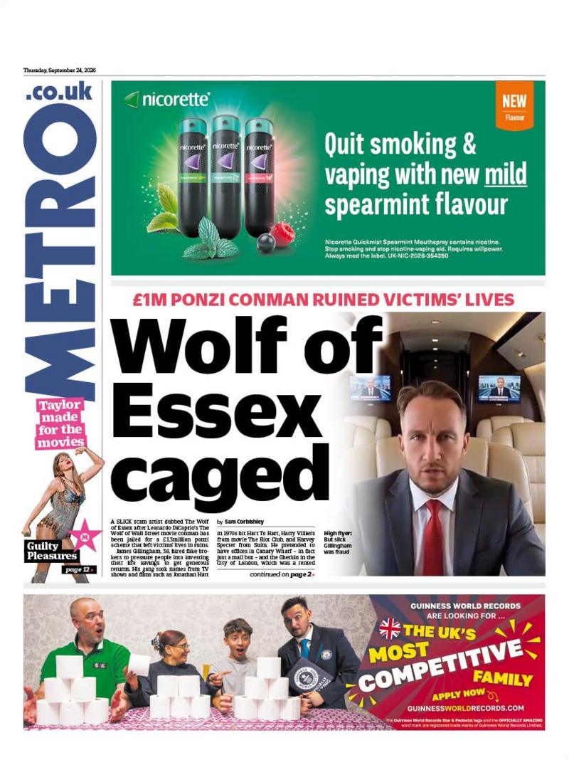The headline on the front page of the Metro reads: “Wolf of Essex caged”.