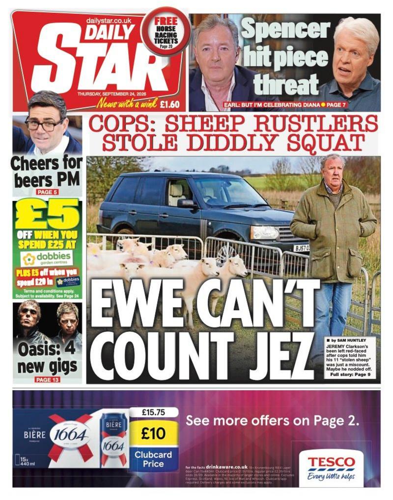The headline on the front page of the Daily Star reads: “Ewe can't count Jez”.