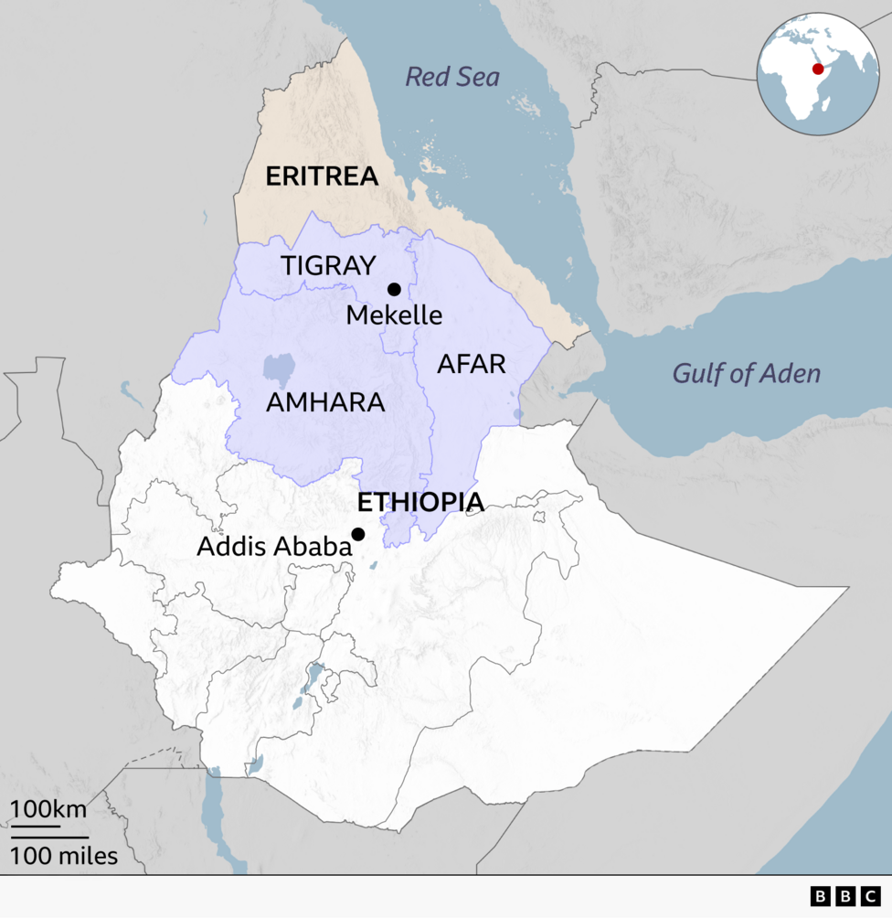 BBC map of Ethiopia showing the northern states of Tigray, Amhara and Afar. The regional capital of Mekelle is labelled in Tigray and the national capital Addis Ababa is also located near the centre of the country and just outside the three northern states. Eritrea is shown to the north, bordering the Red Sea, and an inset map shows the area of the map as being in the region known as the Horn of Africa.