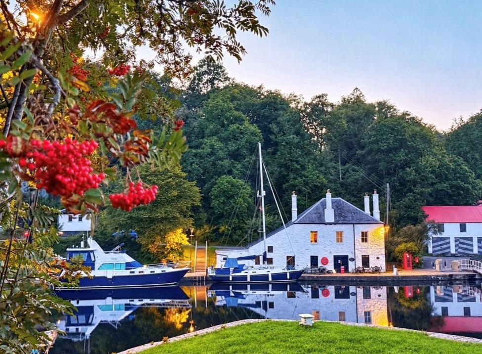 A tranquil canal-side scene features moored boats reflected in still water, with a white waterside cottage softly illuminated against a backdrop of dense green woodland. Clusters of vivid red berries frame the foreground, adding colour and depth to the peaceful evening harbour setting.