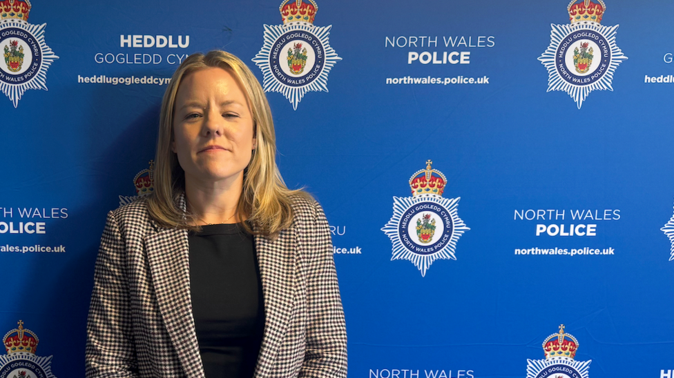 Woman with shoulder length blonde hair, wearing a black and white check jacket and black top. Behind her is the North Wales Police emblems on a blue background