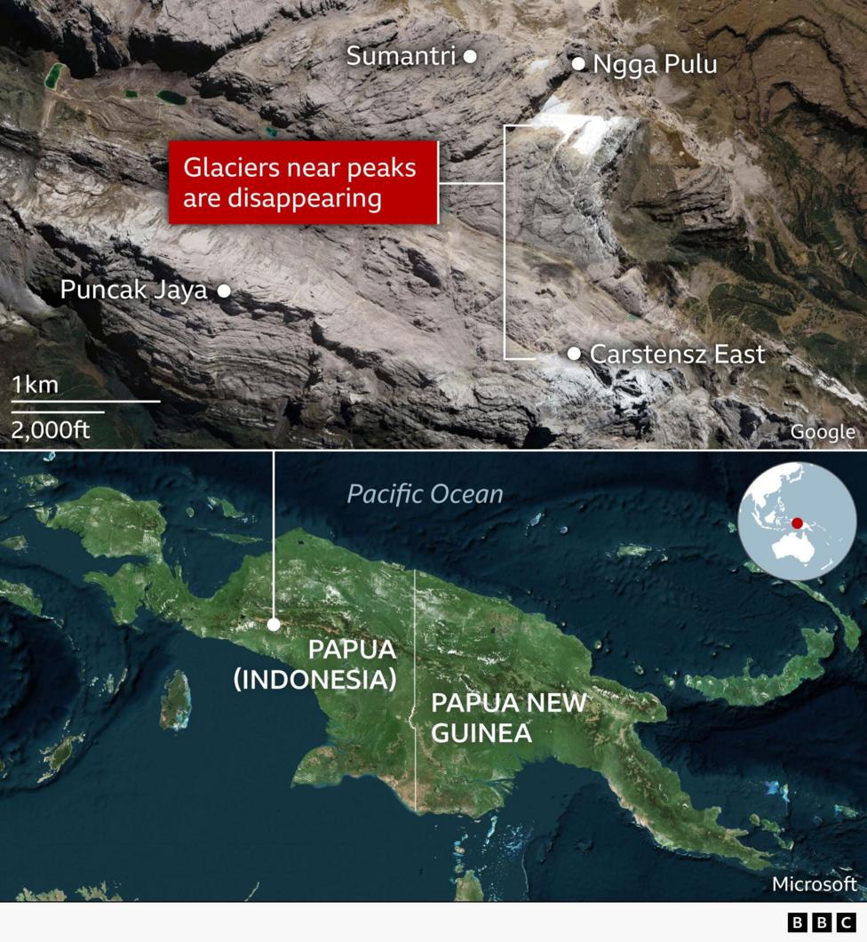 Map and satellite image showing rapidly shrinking glaciers around Puncak Jaya in Indonesia's Papua region. Labels mark nearby peaks including Sumantri, Ngga Pulu and Carstensz East, with a callout noting that glaciers near the peaks are disappearing. An inset map locates Papua on the island of New Guinea, north of Australia, alongside Papua New Guinea.