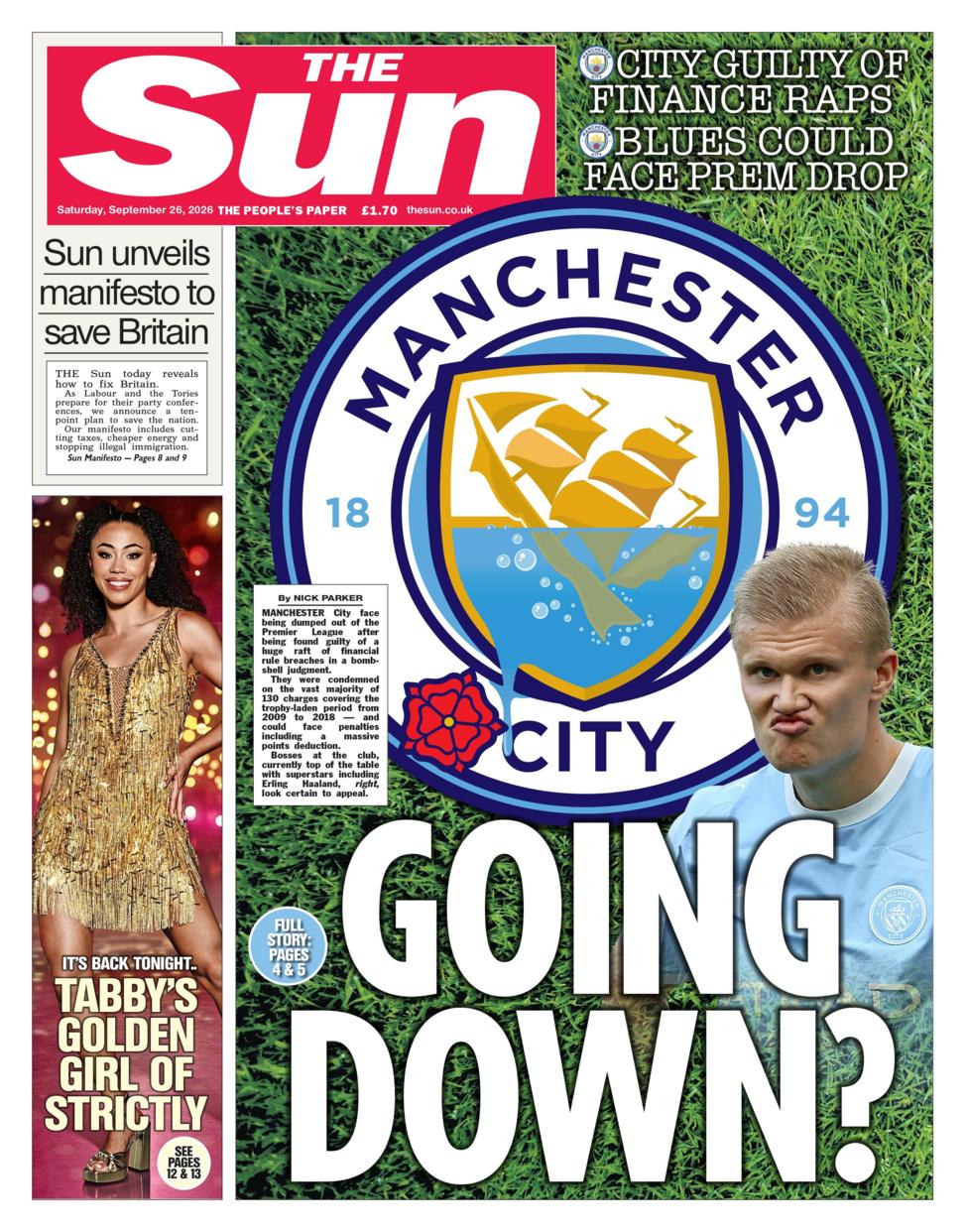 Manchester City's logo features under the headline "going down?" on the Sun's front page.