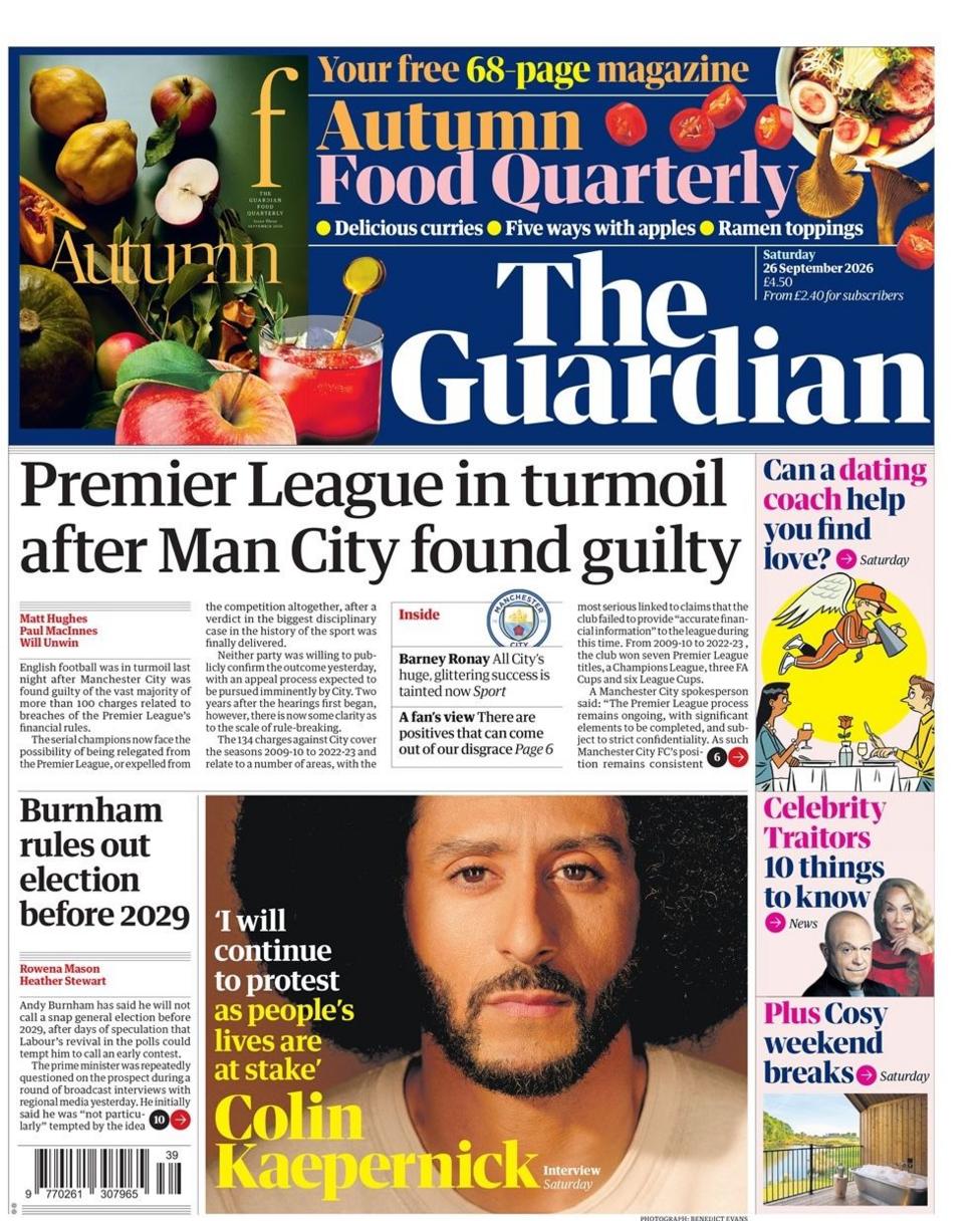 "Premier League in turmoil after Man City found guilty," reads the headline on the front page of .