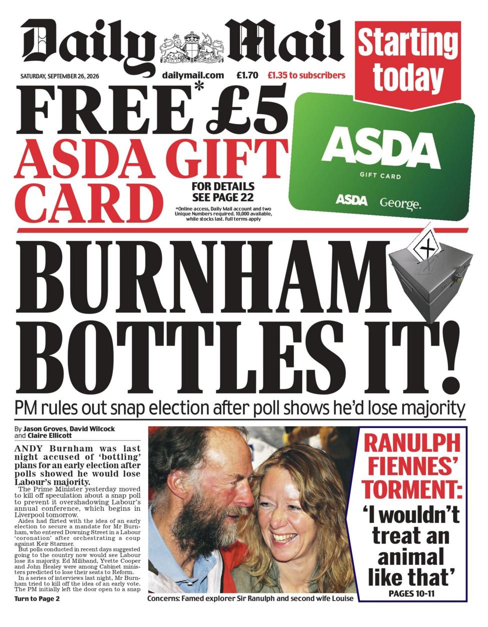 "Burnham bottles it!" reads the headline on the front page of the Daily Mail.