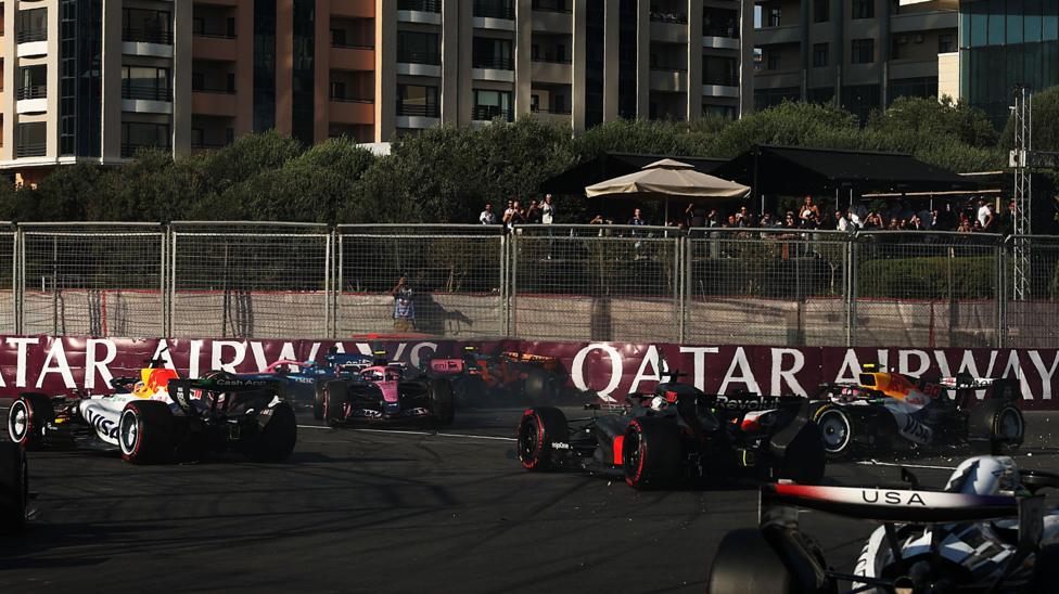 Both Alpines collide, leading to the retirement of McLaren's Lando Norris during the Azerbaijan Grand Prix