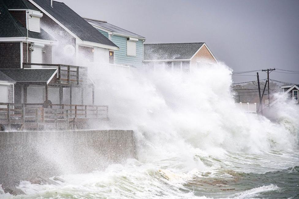 Waves pound the coast as the tide comes in during a Nor'Easter storm in Scituate, Massachusetts on September 26, 2026.