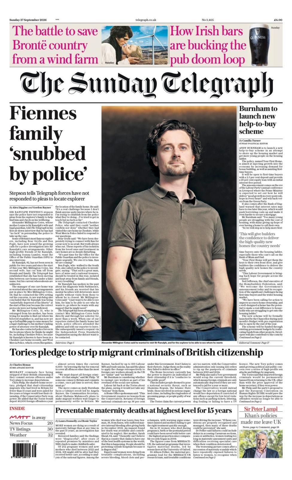 The headline on the front page of the Sunday Telegraph reads: 'Fiennes family "snubbed by police".'