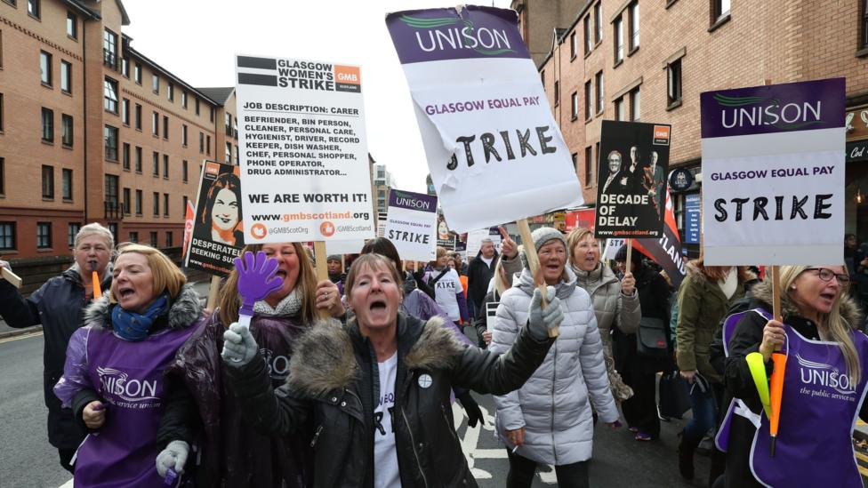 A group of women walking down a road, holding placards saying things like Equal Pay Strike and Glasgow Women's Strike