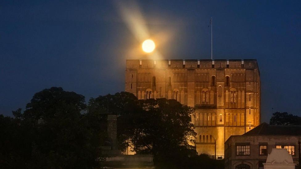 A huge illuminated historic building looks golden with the equally golden Moon looking like it is perched on its left hand side. The sky is dark blue and there are trees in front