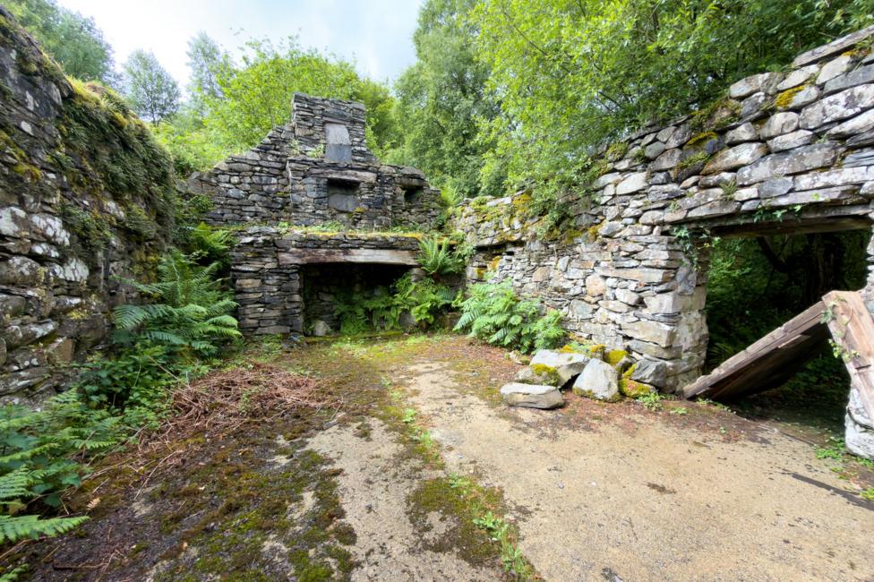 Another view inside shows the ruin's moss-covered walls, blocked window openings and a wide doorway leading into a dark woodland path. Ferns grow around the interior, with fallen stones on the ground by doorway and apiece broken timber is propped up randomly in front of it.