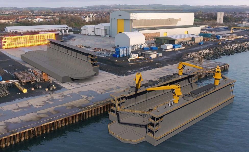 A computer generated visualisation of two large floating dry docks under construction by the Firth of Forth in Fife.