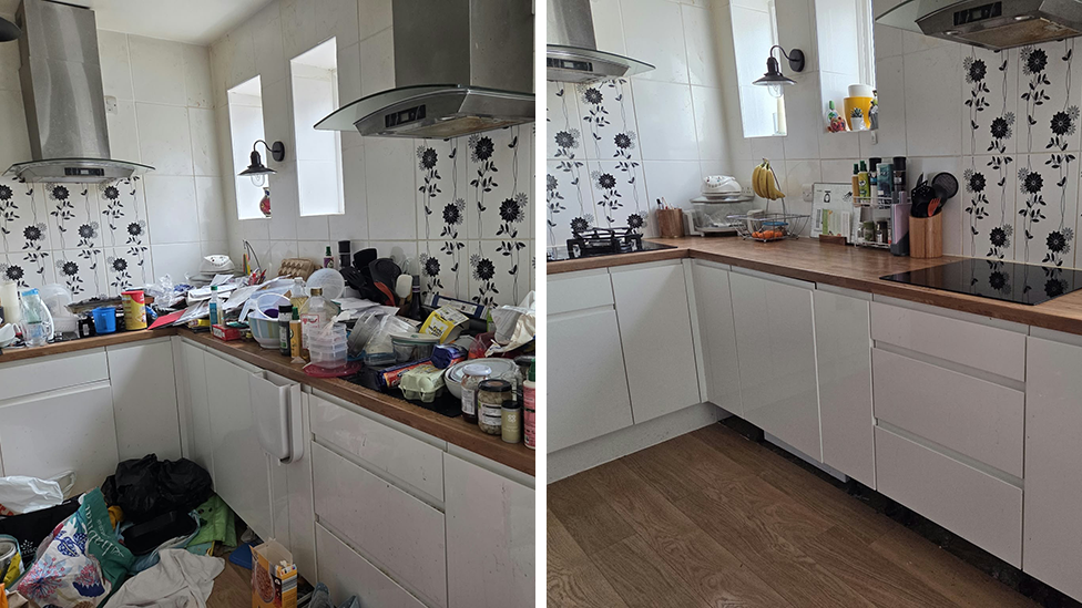 A composite image showing the kitchen before and after being decluttered. The same white kitchen cabinets can be seen on both sides, with a brown wooden surface on top and white tiles with a black floral design on the walls. However, on the left there is a large amount of clutter including food items and empty packaging, on the surface and the floor, and on the right the surfaces are clear apart from a few objects lined up tidily on one of the counters.