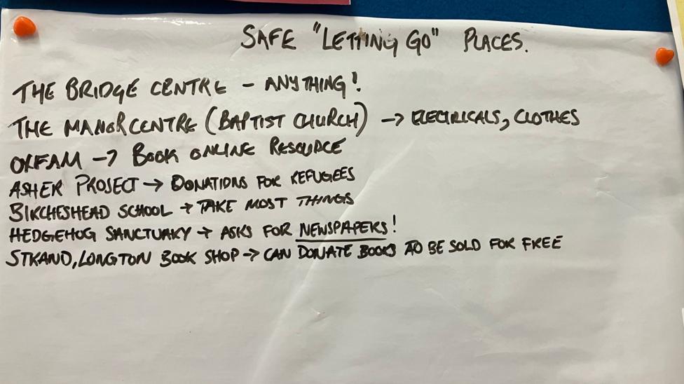 A handwritten list pinned on a wall, with 'safe letting go' places written across the top